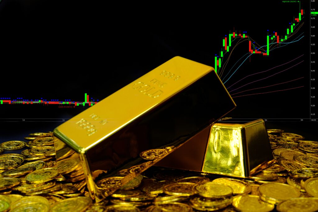 Gold Bullion On Pile Gold Coins At Trading Chart Background
